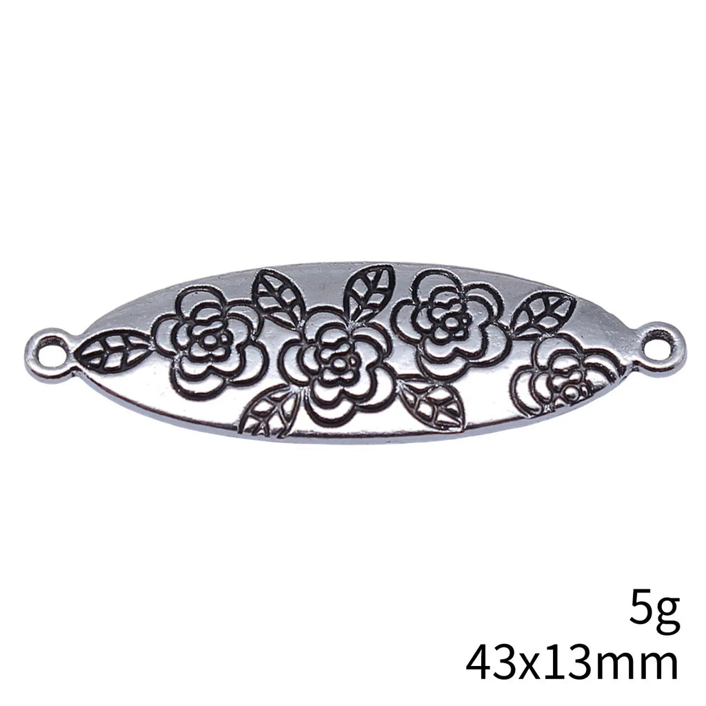 43x13mm 5g Antique Silver Zinc Alloy Double Sided Flower Pattern Connector Charm for DIY Jewelry Making