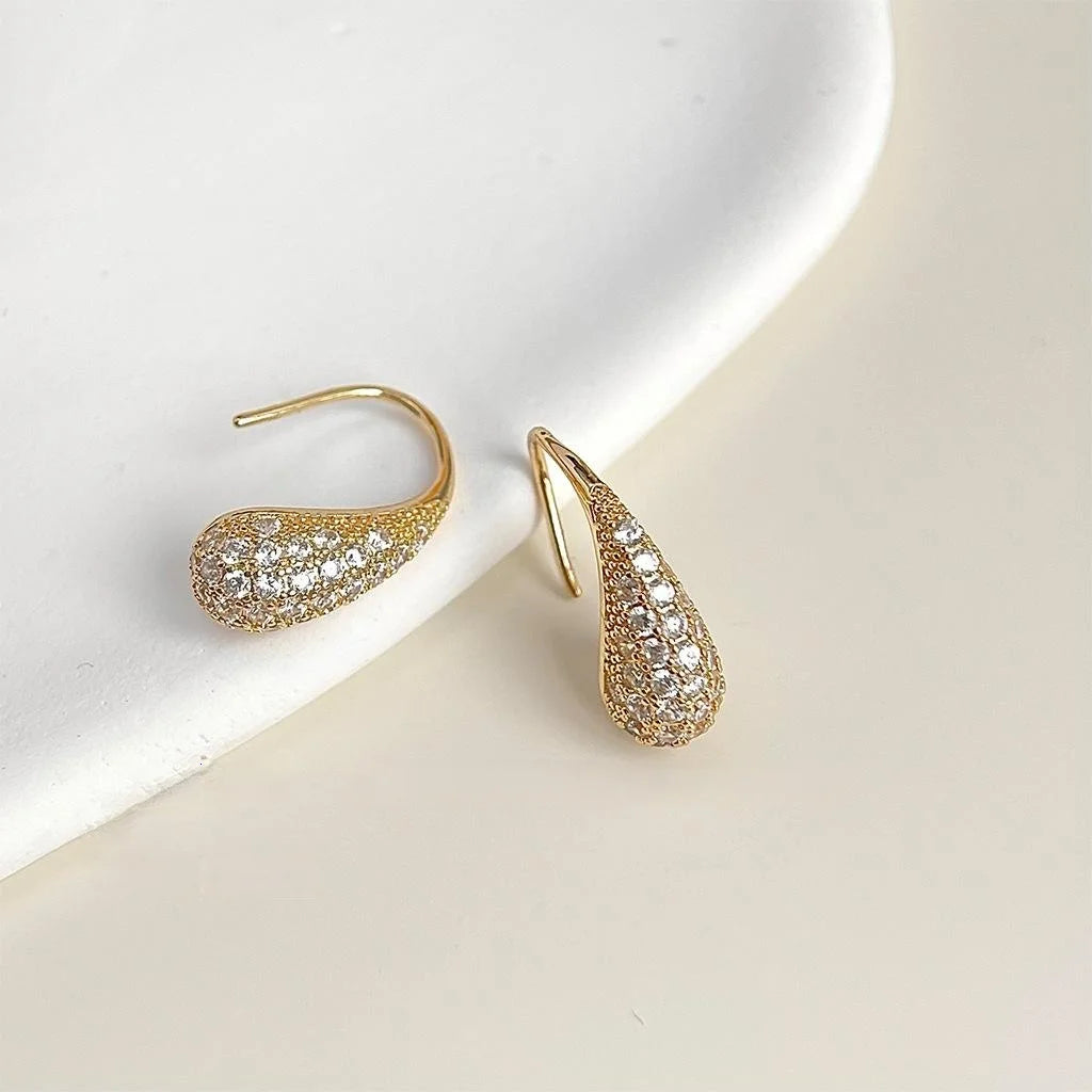 14K Gold Plated Copper Teardrop Drop Earrings With Micro Pave Zircon Elegant Minimalist Jewelry
