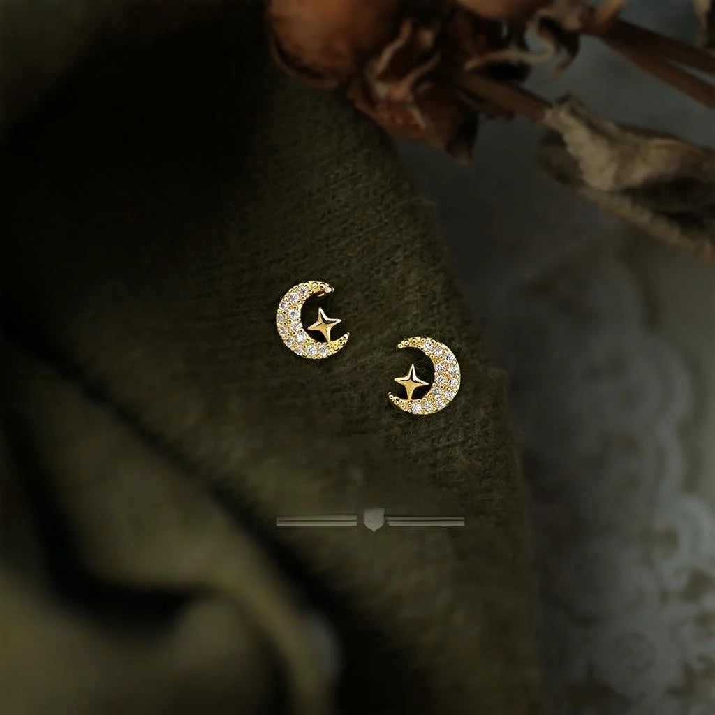 Mini Zircon Moon Star Stud Earrings Eco-Friendly Copper Micro Pave Minimalist Commuter Jewelry