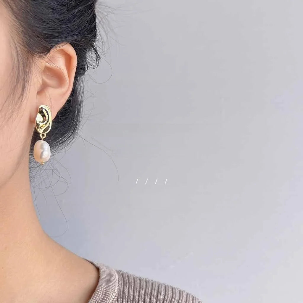 French Irregular Baroque Freshwater Pearl 14K Plated Copper Stud Earrings