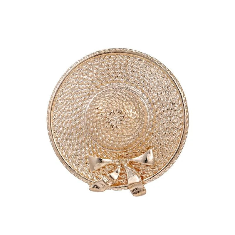 Vintage Gold Alloy Straw Beach Hat Bow Brooch, Elegant Japanese Style Lapel Pin Suit Accessory Gift