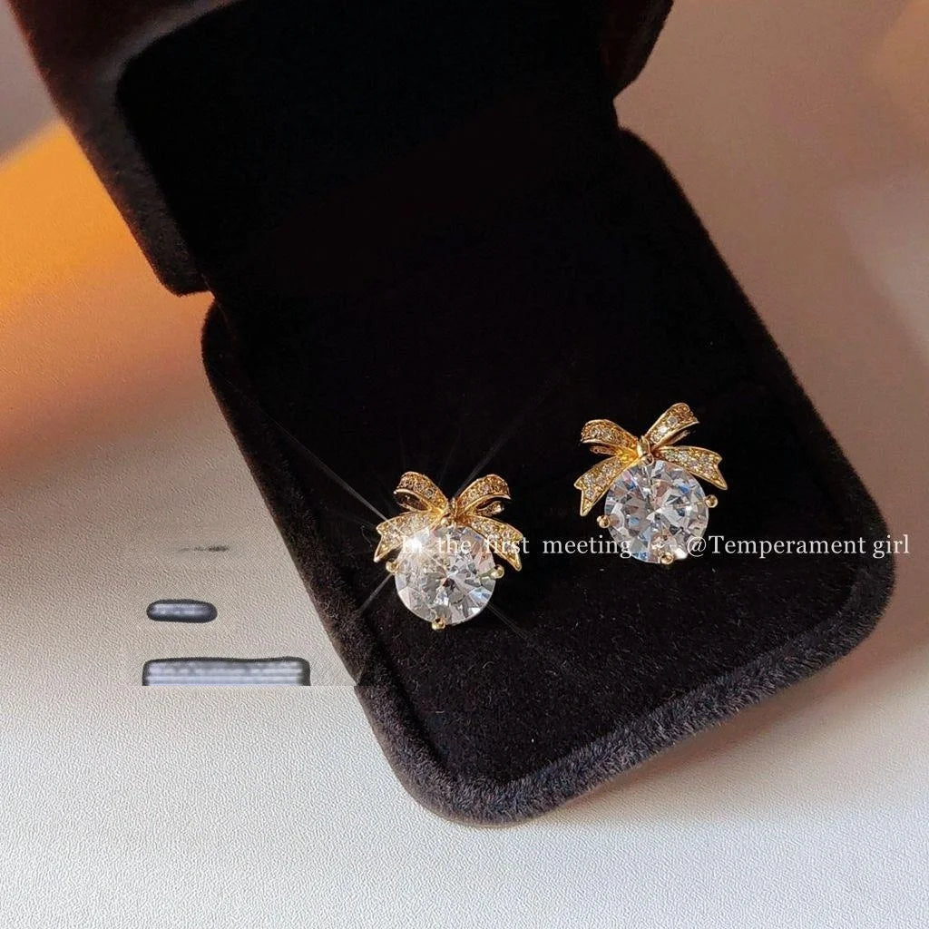 Elegant Bow Zircon Micro Pave Copper Stud Earrings For Women, Light Luxury Commuter Jewelry
