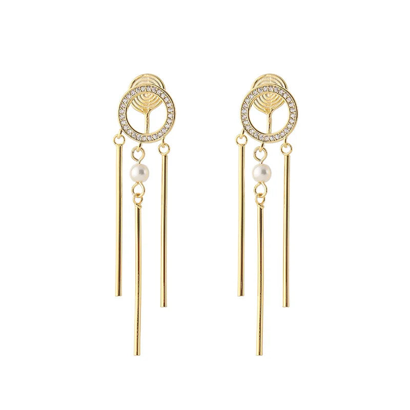 Elegant Gold Alloy Round Spiral Rhinestone Pearl Tassel Stud & Clip On No Piercing Long Drop Earrings