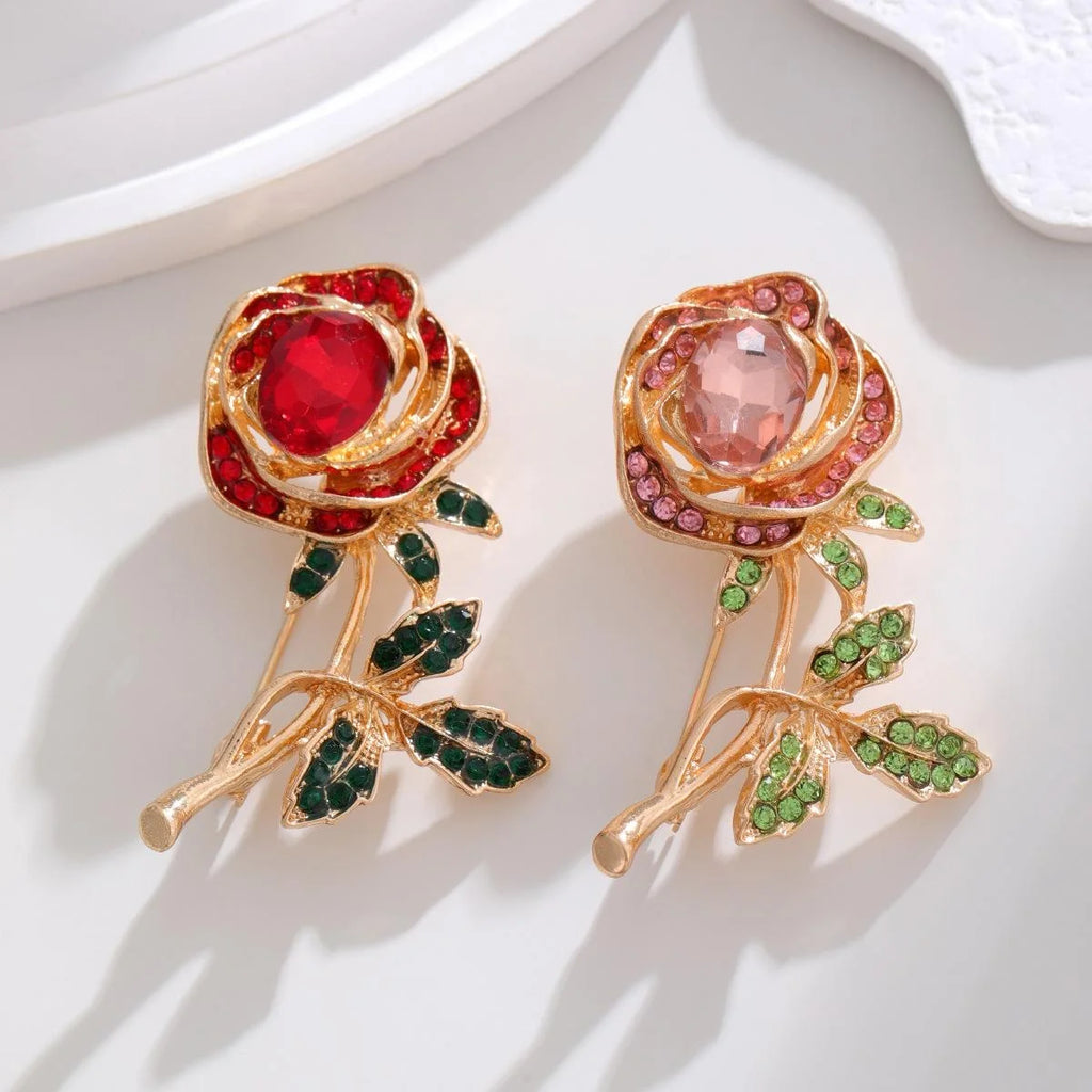 Elegant Rose Rhinestone Enamel Brooch For Women, Alloy Floral Lapel Pin Corsage Cardigan Suit Gift