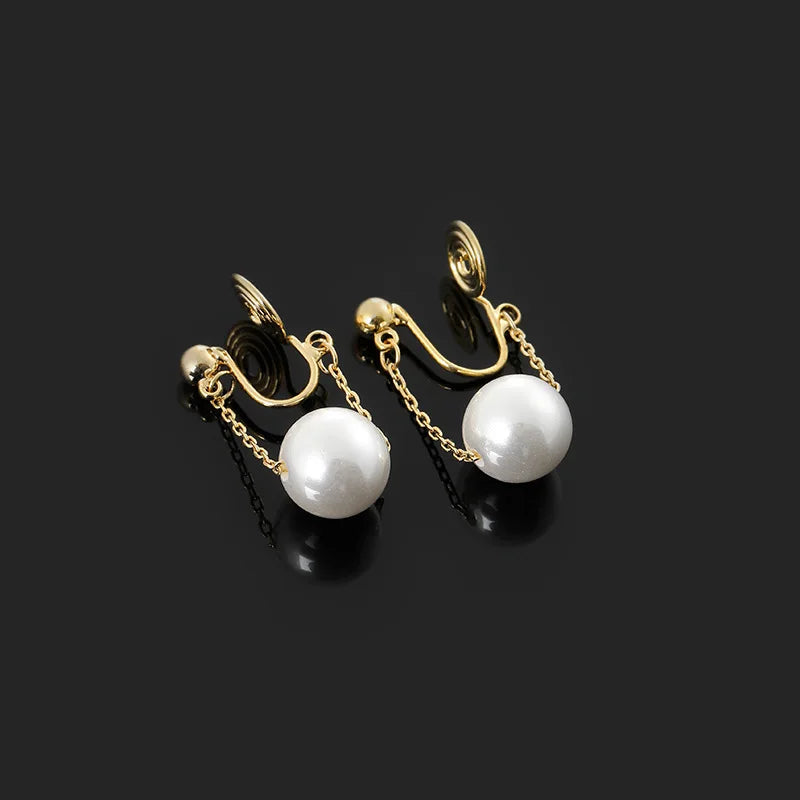 Elegant Spiral Coil Pearl Chain Drop Stud & Clip On No Piercing Gold Alloy Minimalist Earrings