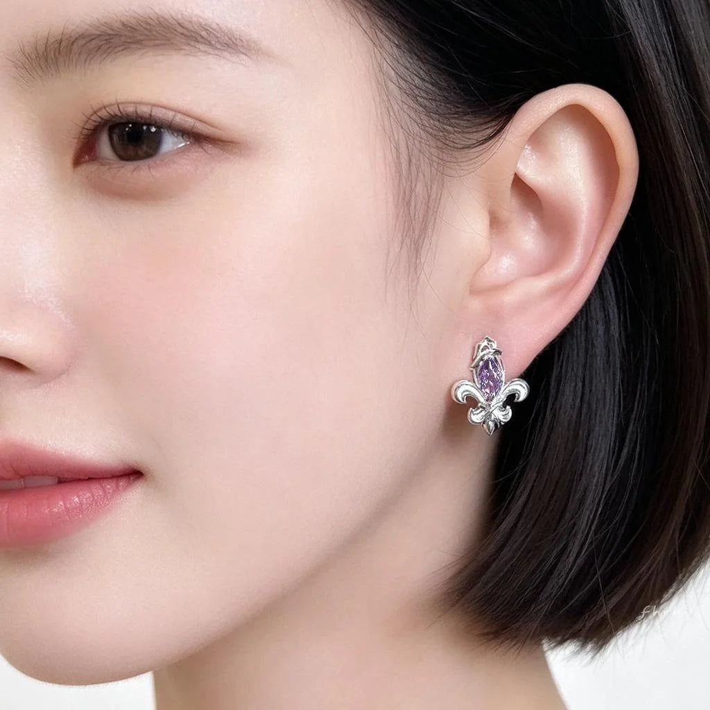 Iris Flower Purple Zircon Inlaid Eco Copper Stud Earrings Elegant Light Luxury Jewelry