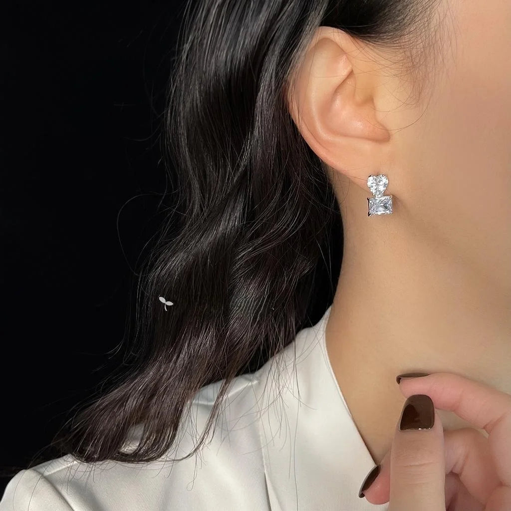 Luxury Copper Zircon Heart Geometric Square Stud Earrings Minimalist Commuter Jewelry