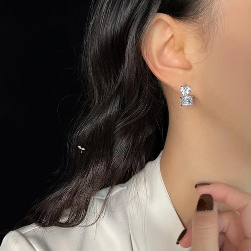 Luxury Copper Zircon Heart Geometric Square Stud Earrings Minimalist Commuter Jewelry