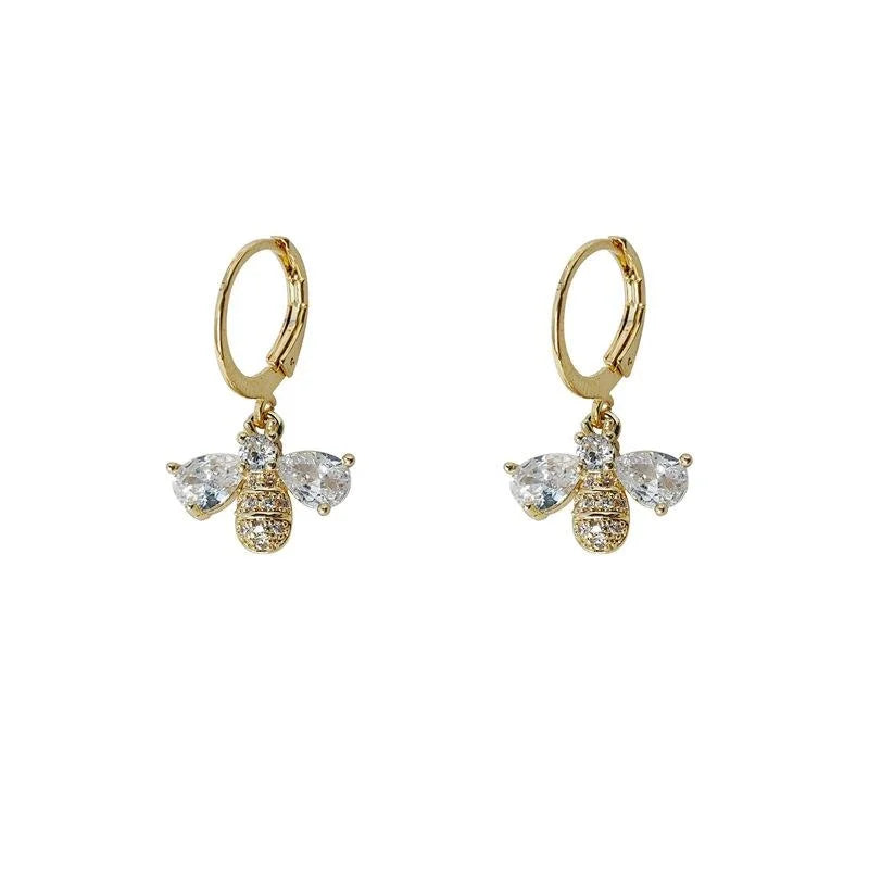 14K Gold Plated Copper Micro Pave Zircon Bee Drop Earrings Light Luxury Vintage Jewelry