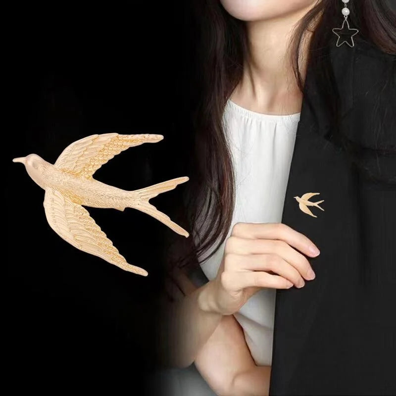 Elegant Gold Swallow Bird Alloy Brooch With Textured Wings, Women's Lapel Pin Corsage Suit Accessory Gift