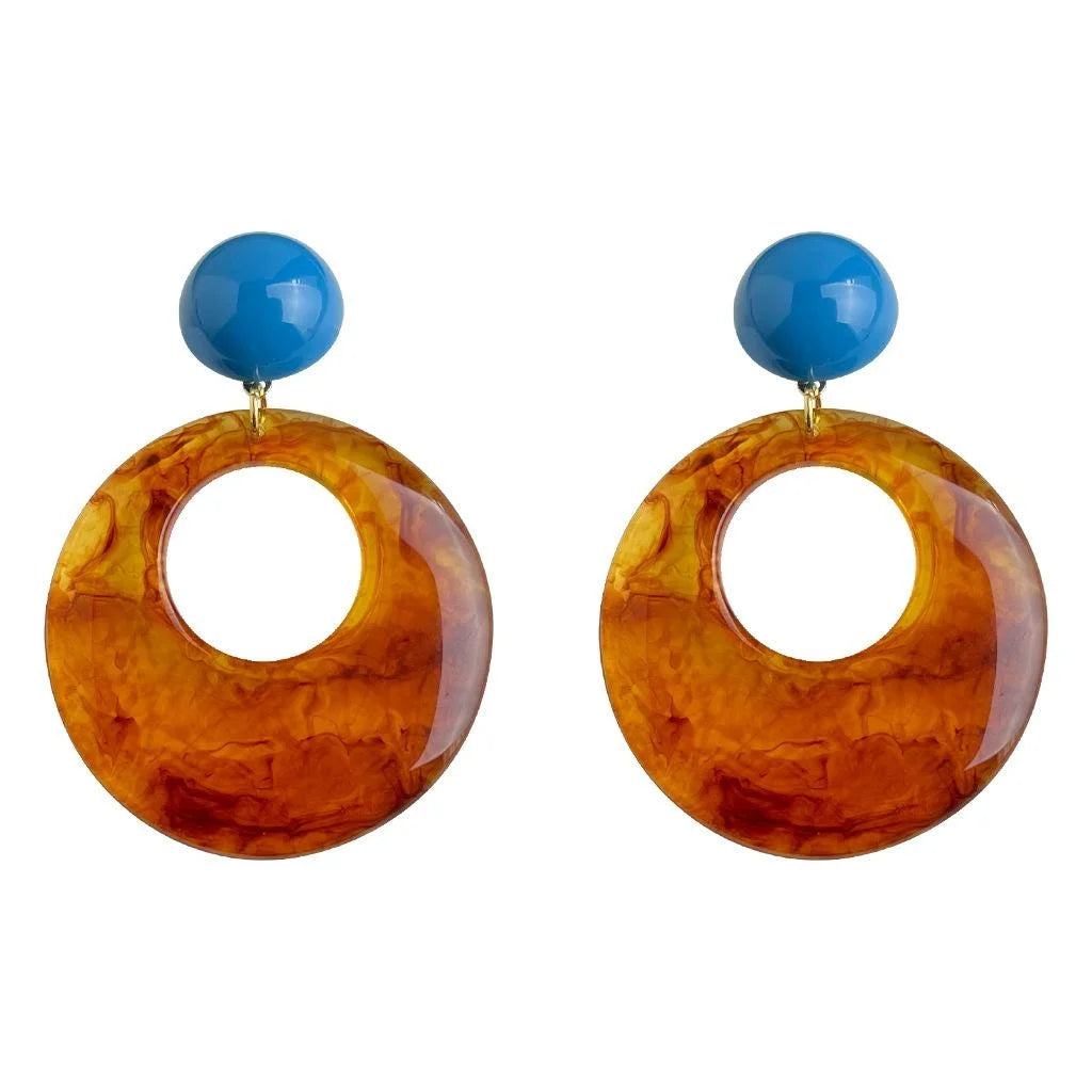 Vintage Maillard Style Amber Brown Resin Round Geometric Drop Earrings With Copper