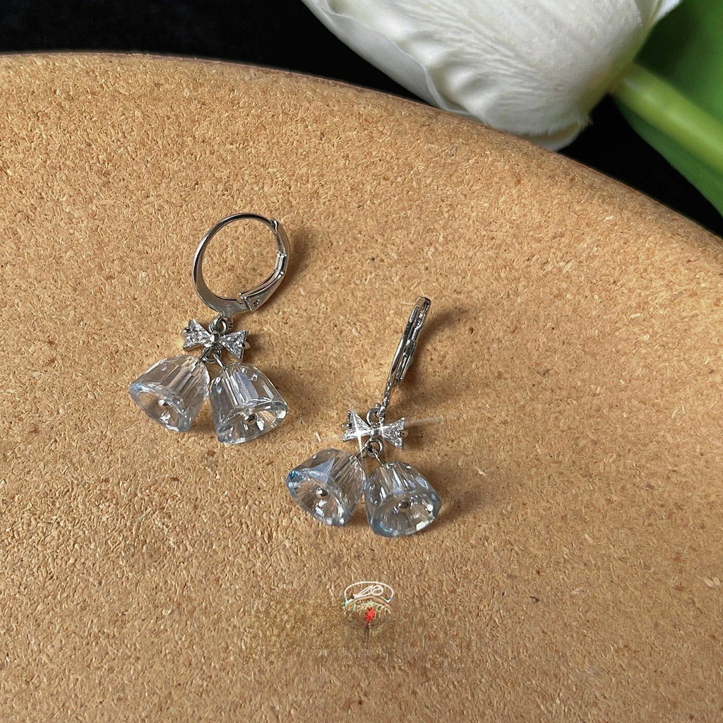 Premium Glass Crystal Bow Bell Drop Earrings With Micro Pave Zircon Irregular Handmade Design
