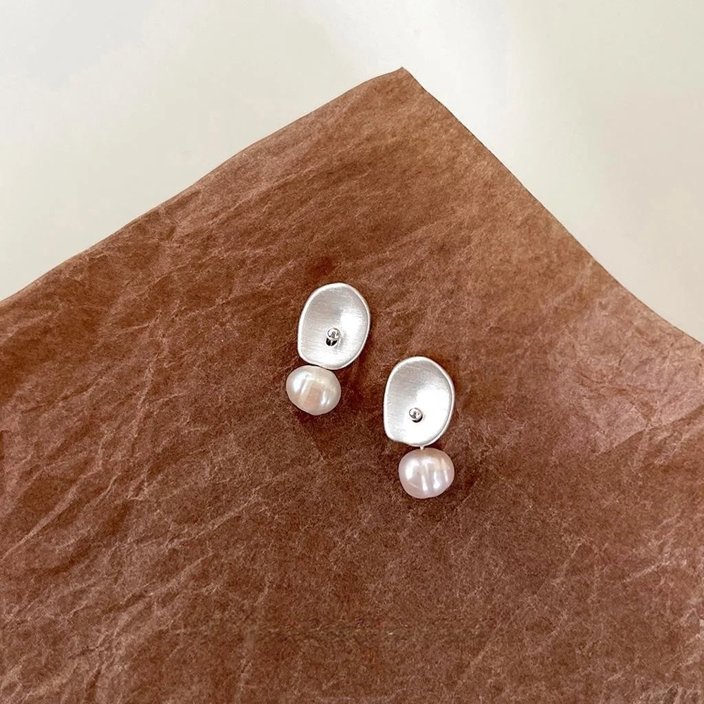 Matte Silver Brushed Copper Freshwater Pearl Irregular Geometric Drop Earrings For Women