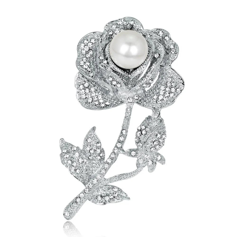 Elegant Rhinestone Rose Flower Brooch With White Pearl, Alloy Lapel Pin Corsage Suit Accessory Gift