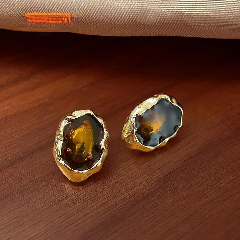 14K Gold Plated Copper Irregular Geometric Amber Enamel Stud Earrings French Vintage Maillard Style