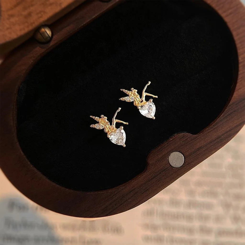 Tiny Flower Fairy Elf Zircon Copper Stud Earrings, Minimalist Fresh Designer Cartoon Jewelry