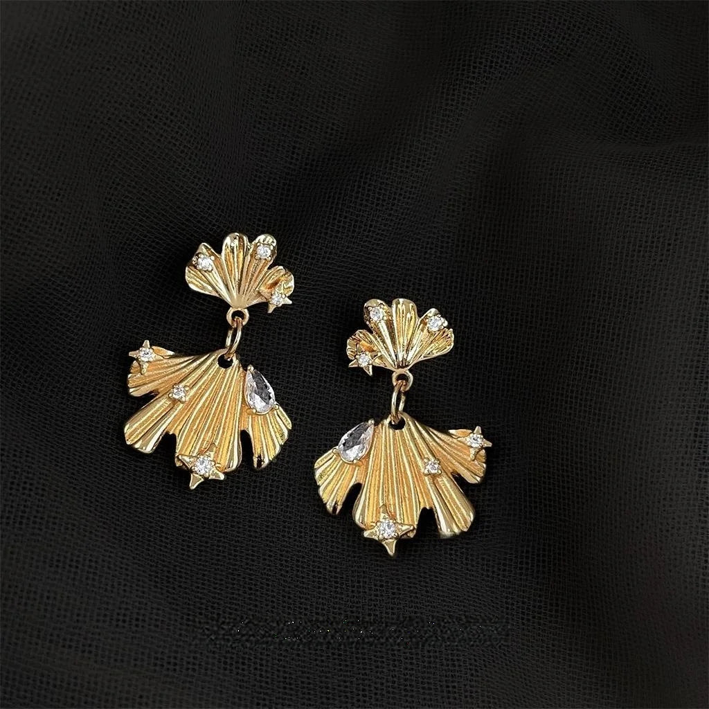 14K Silver Plated Copper Ginkgo Leaf Drop Earrings With Micro Pave Zircon Vintage Floral Jewelry