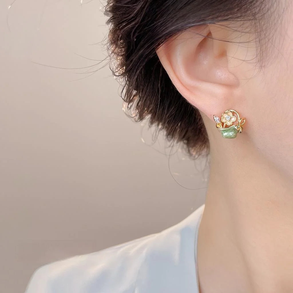 Pastoral Floral Basket Hand Painted Enamel Copper Zircon Stud Earrings