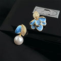 Chic Asymmetric Floral Copper Drop Earrings With Enamel Petals, Zircon Pave And Glass Pearl