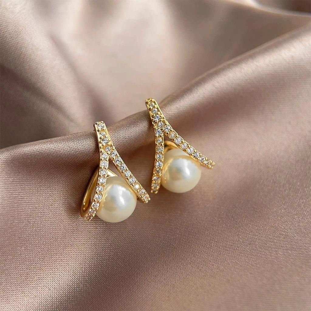 Eco-Friendly Copper Pearl Zircon Cross Drop Earrings Light Luxury Geometric Commuter Jewelry