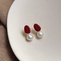 Baroque Irregular Freshwater Pearl Stud Earrings, 14K Plated Copper Burgundy Enamel Jewelry