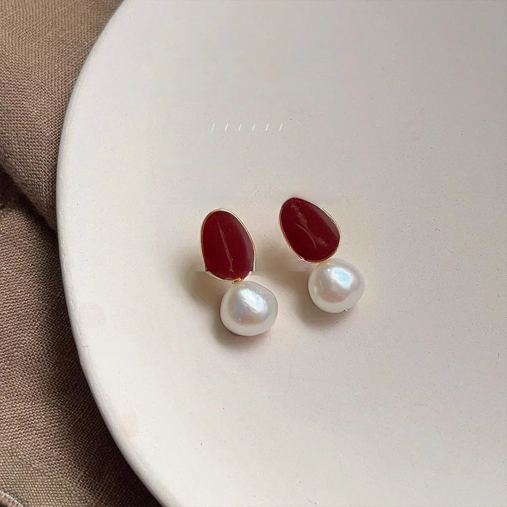 Baroque Irregular Freshwater Pearl Stud Earrings, 14K Plated Copper Burgundy Enamel Jewelry