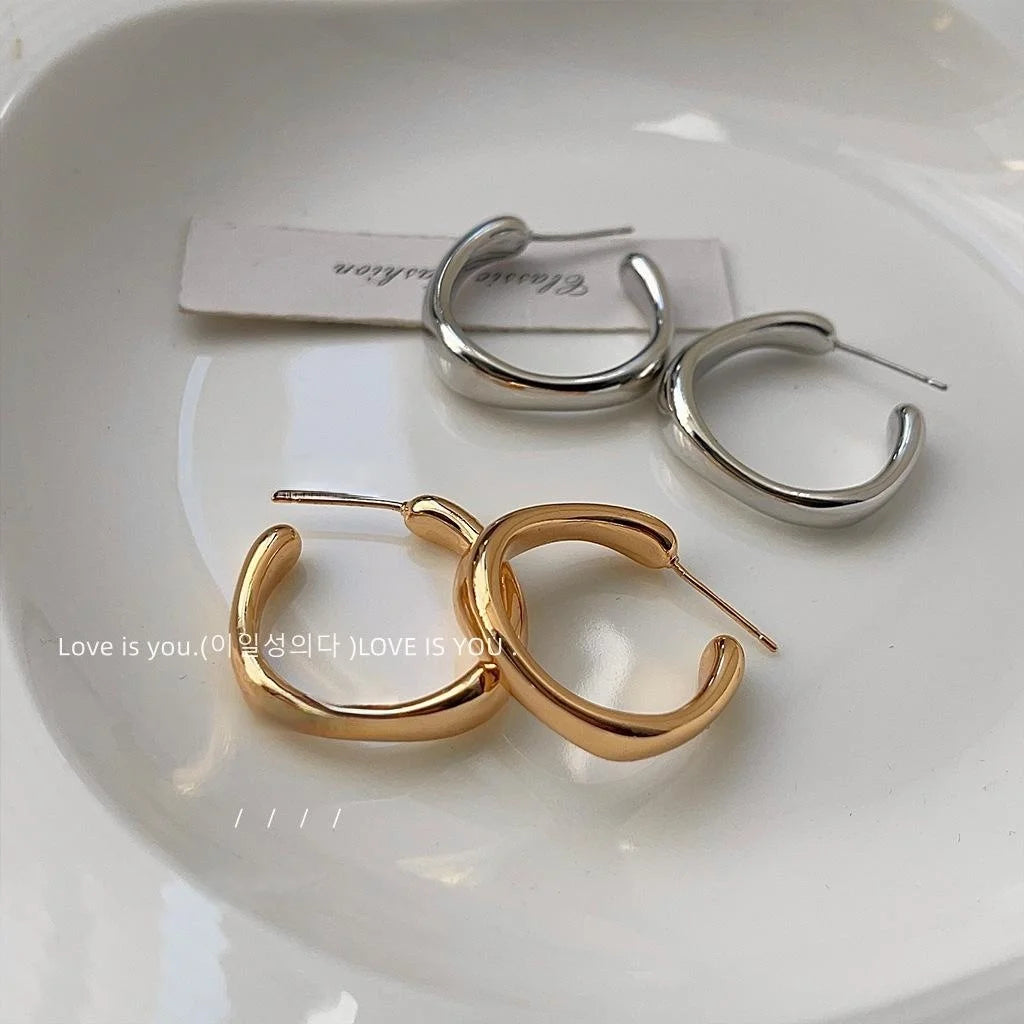 Minimalist Irregular Geometric Copper Drop Earrings, French Glossy Metal Style