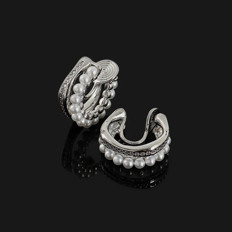 Elegant Pearl Beaded Zircon Hoop Stud & Clip On No Piercing Silver Alloy C-Shaped Huggie Earrings