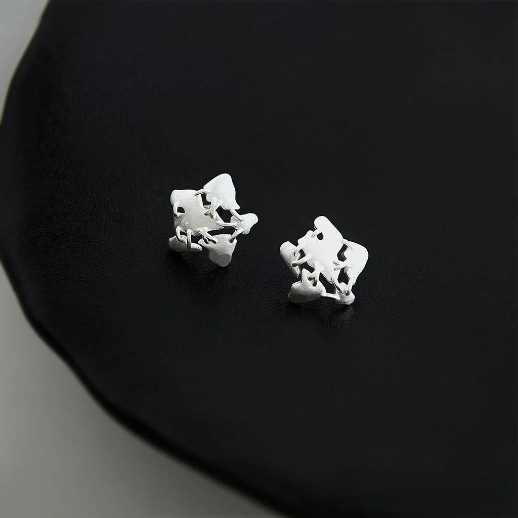 Matte Silver Plated Copper Star Stud Earrings, Suture Design Style