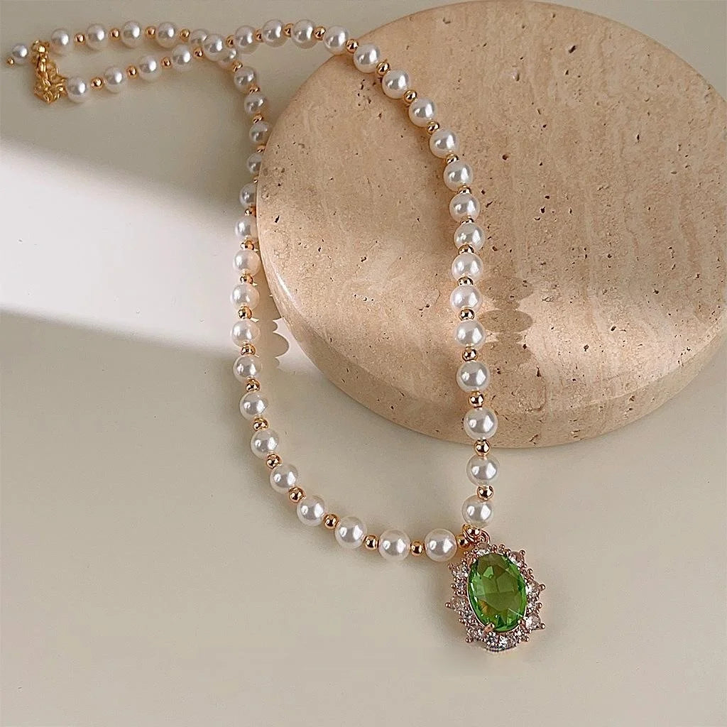 Glass Pearl Zircon Inlaid Geometric Collarbone Necklace For Women Elegant Sweater Chain