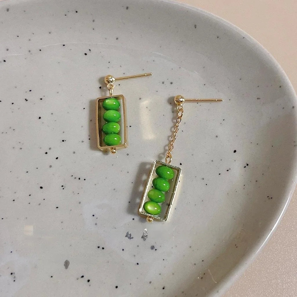 Fresh Green Cat Eye Geometric Line Stud Earrings 14K Plated Copper Asymmetric Summer Jewelry