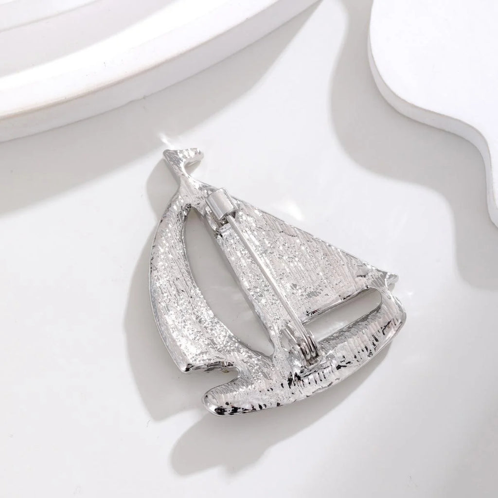 Elegant Sailboat Brooch With White Enamel Sails And Rhinestone Hull, Nautical Lapel Pin Suit Accessory Gift