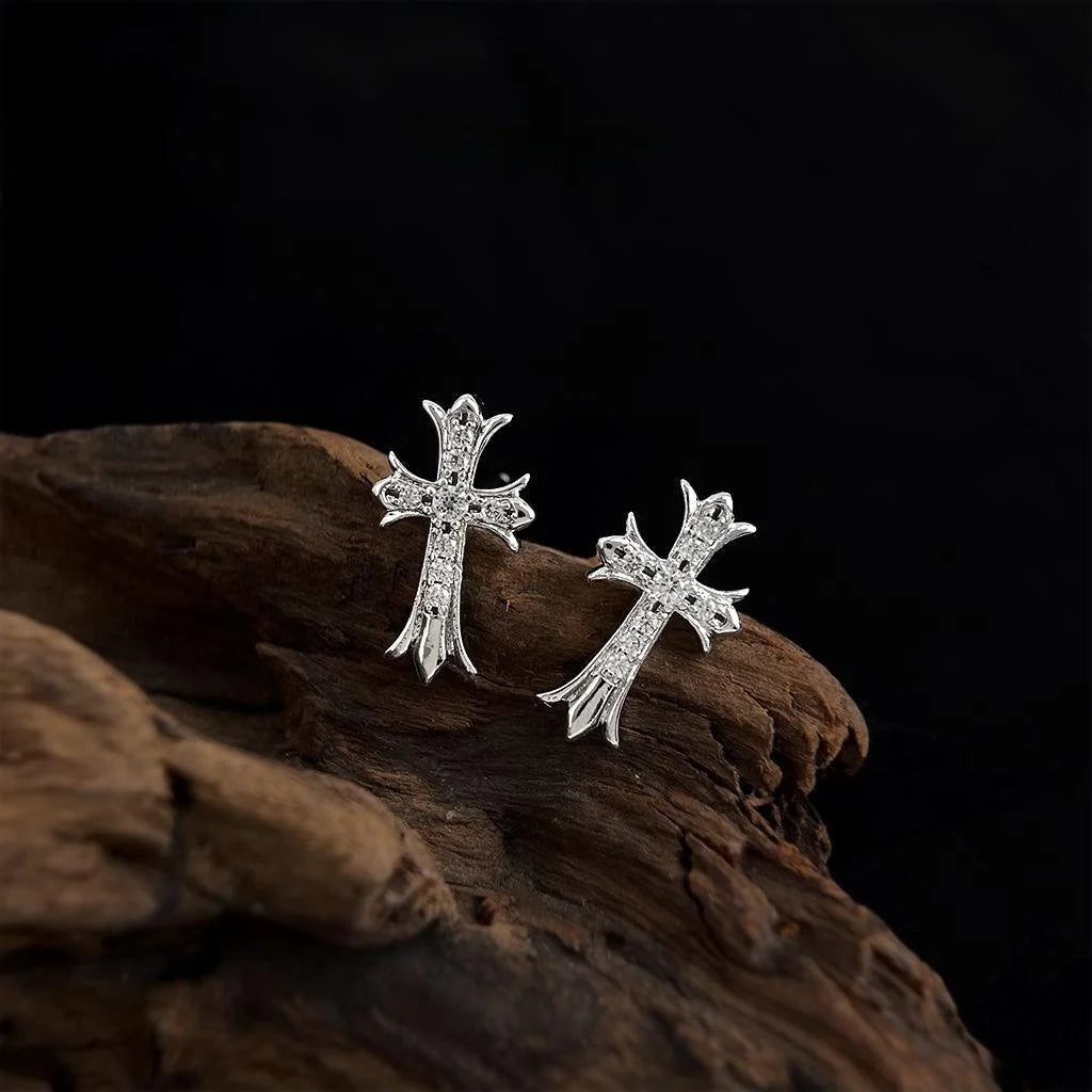Punk Copper Micro Pave Zircon Cross Mini Stud Earrings Street Fashion Geometric Jewelry