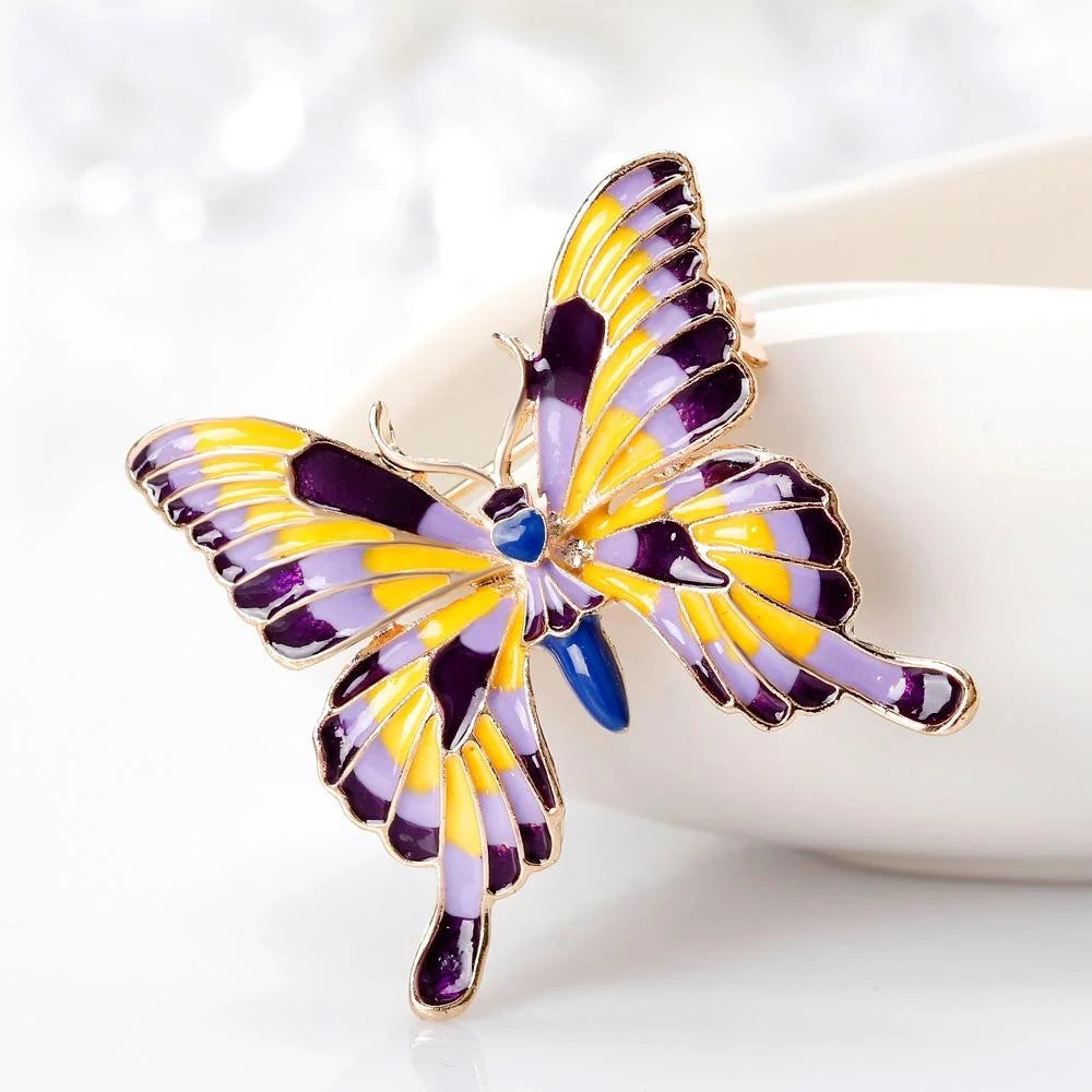 Elegant Enamel Butterfly Brooch With Purple Yellow Wings, Alloy Insect Lapel Pin Corsage Suit Accessory