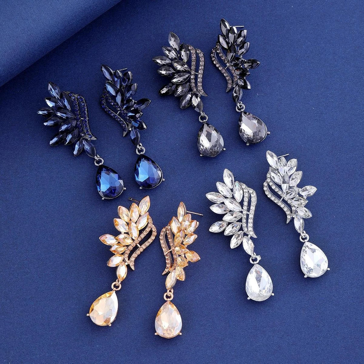 Luxury Champagne Crystal Leaf Drop Earrings With Rhinestone Teardrop Dangle For Wedding Banquet Party