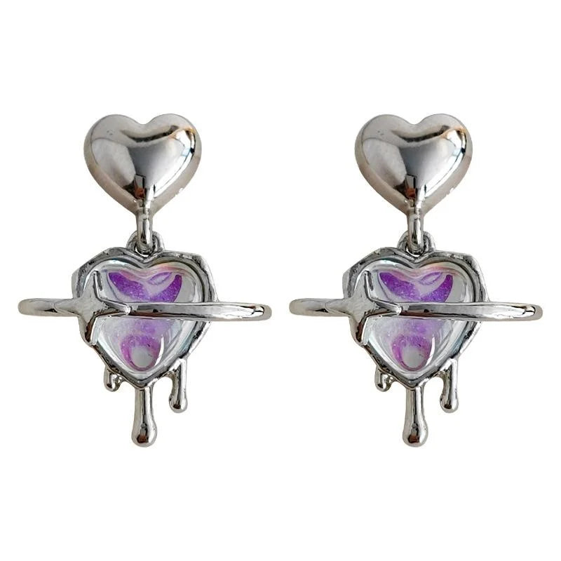 Sweet Cool Copper Liquid Heart Planet Drop Earrings Colorful Niche Fashion Heart Jewelry