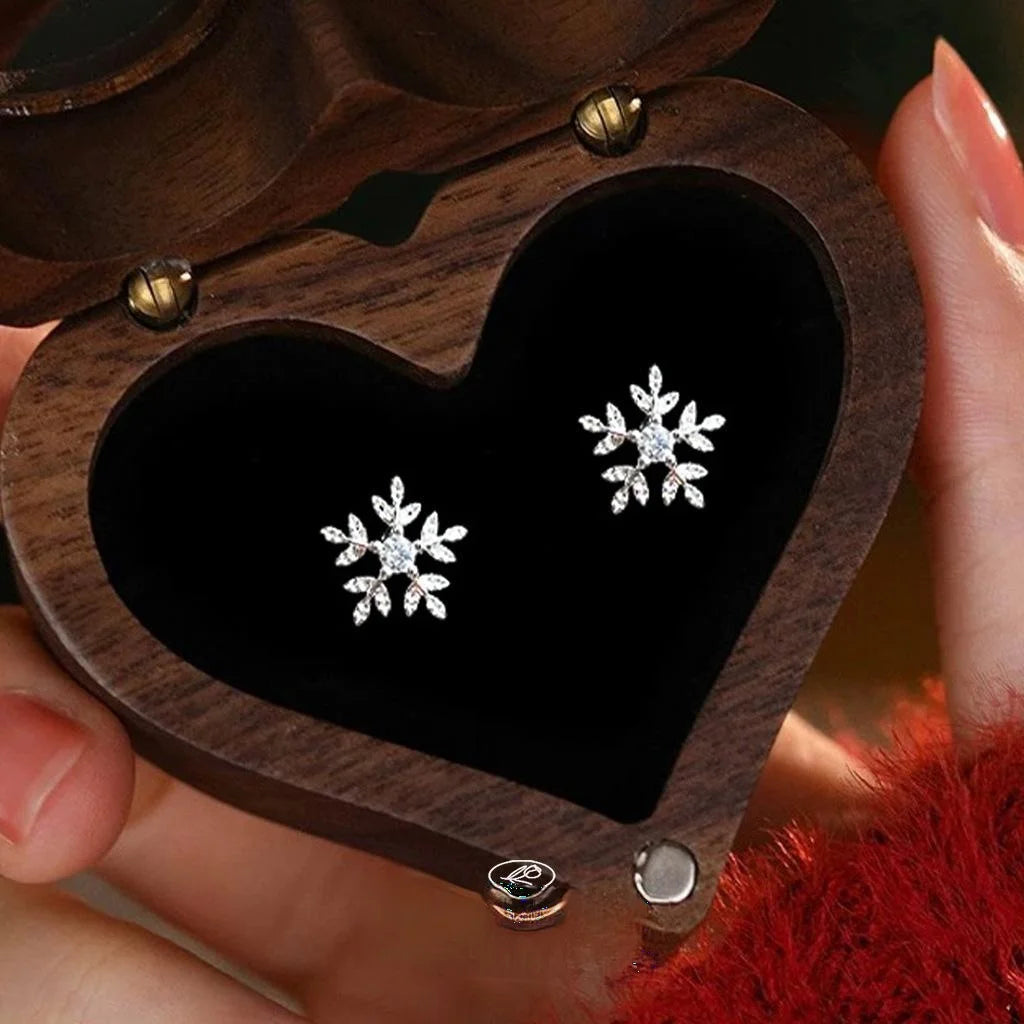 Sweet Snowflake Micro Pave Zircon Copper Stud Earrings, Silver Plated Winter Jewelry