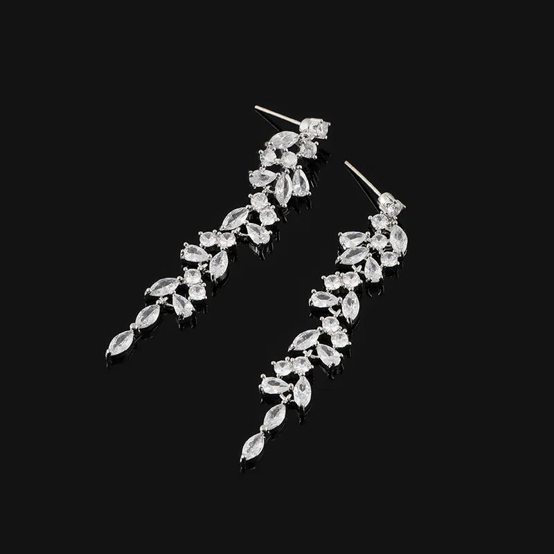 Luxury Zircon Spiral Marquise Leaf Tassel Stud & Clip On No Piercing Long Bridal Drop Earrings
