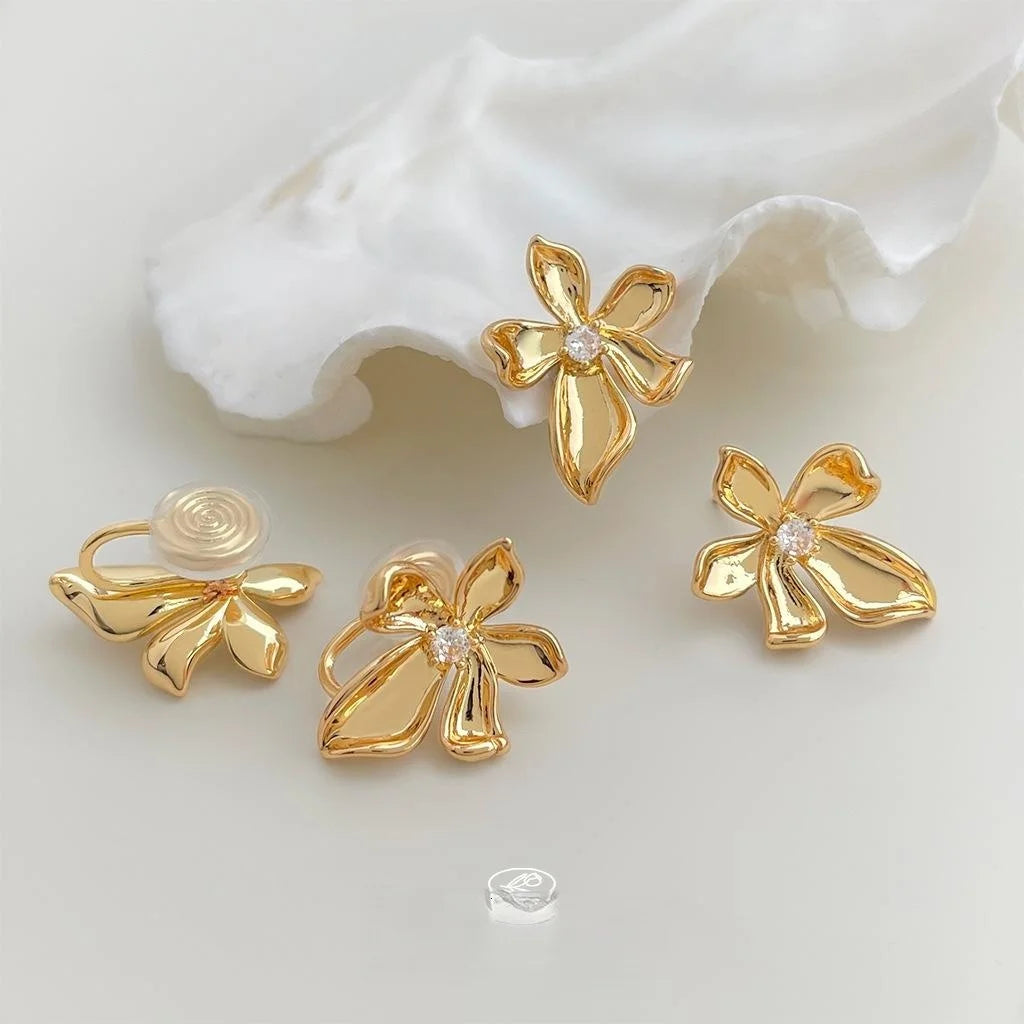 Original Design 18K Gold Plated Zircon Flower Ribbon Drop Earrings