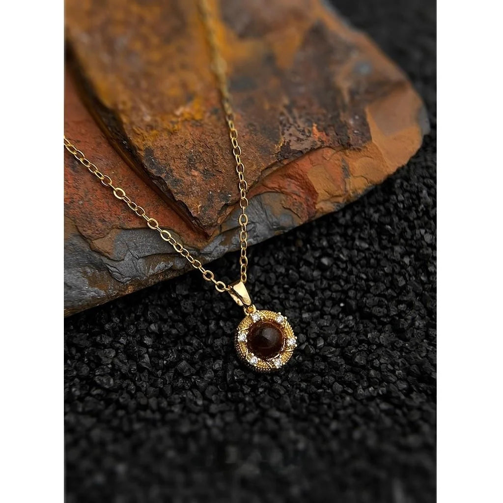 18K Gold Plated Copper Tiger Eye Natural Stone Zircon Round Geometric Vintage Necklace