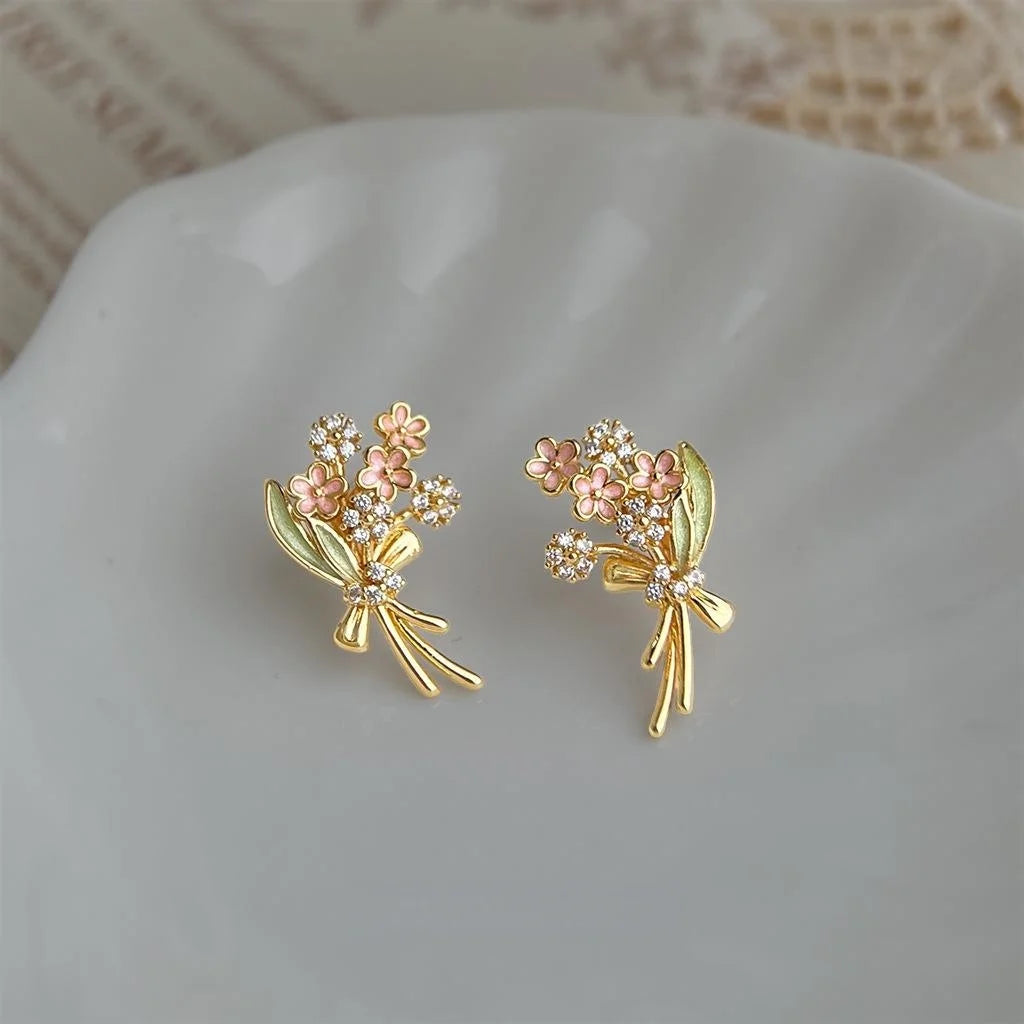 Original Designer Enamel Hand Painted Micro Pave Zircon Flower Stud Earrings Eco Copper Fresh Sweet Style