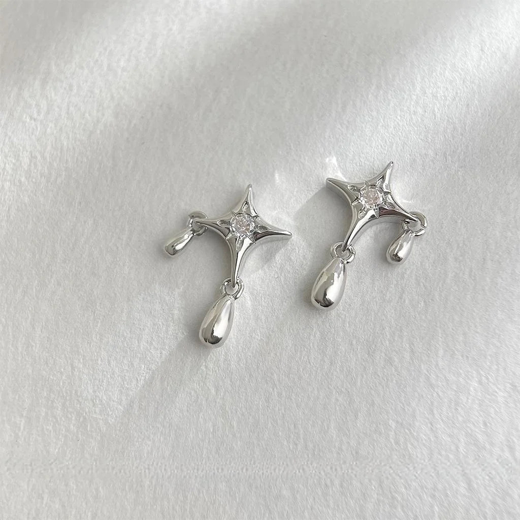 Silver Tone Copper Star Teardrop Stud Earrings Niche Designer Geometric Minimalist Jewelry