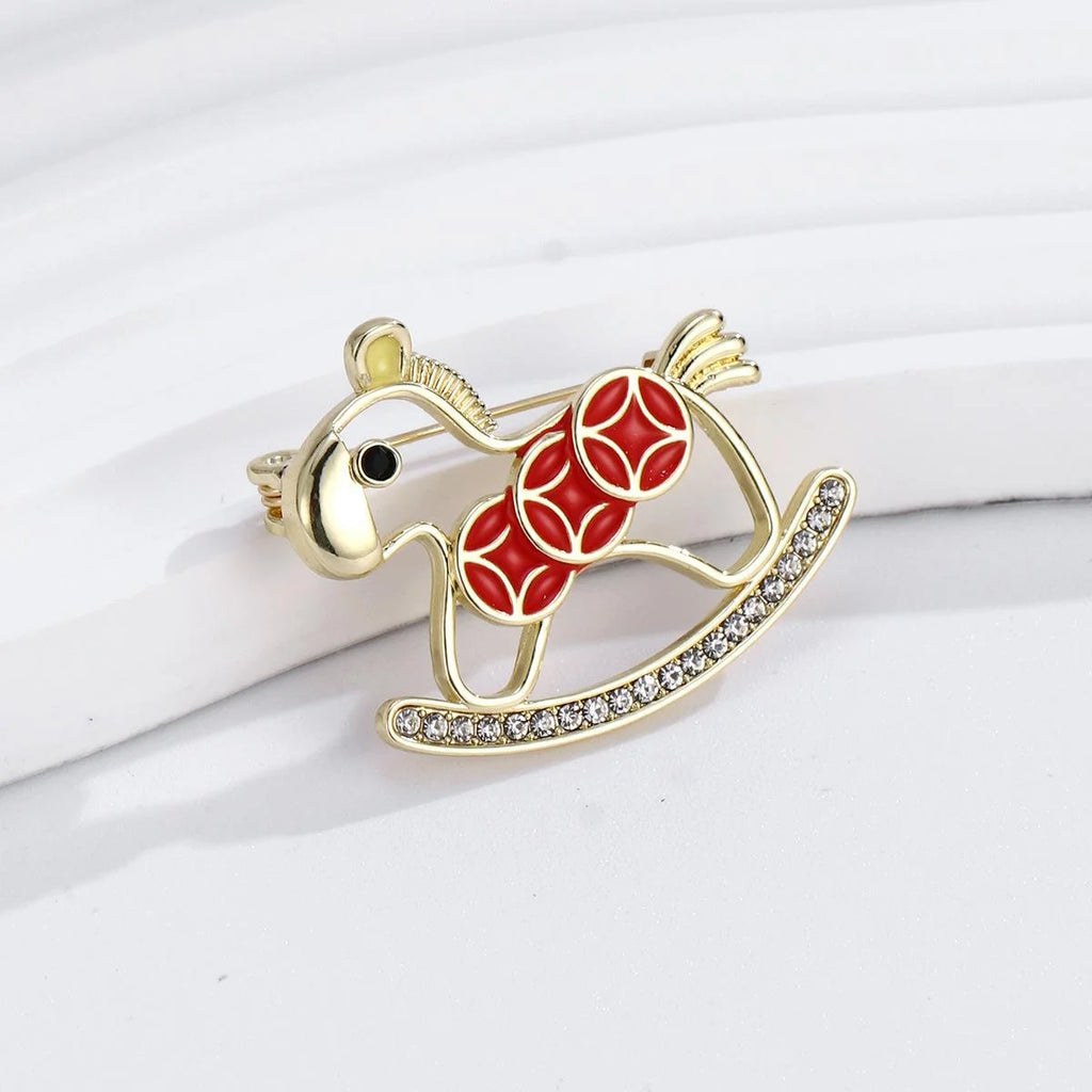 Luxury Red Enamel Rocking Horse Brooch With Rhinestone Paved Base, Elegant Women's Lapel Pin Gift
