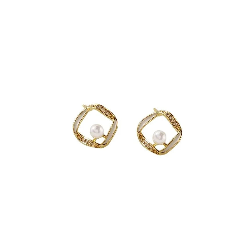 Minimalist 14K Gold Plated Copper Square Hollow Zircon Enamel Drop Earrings
