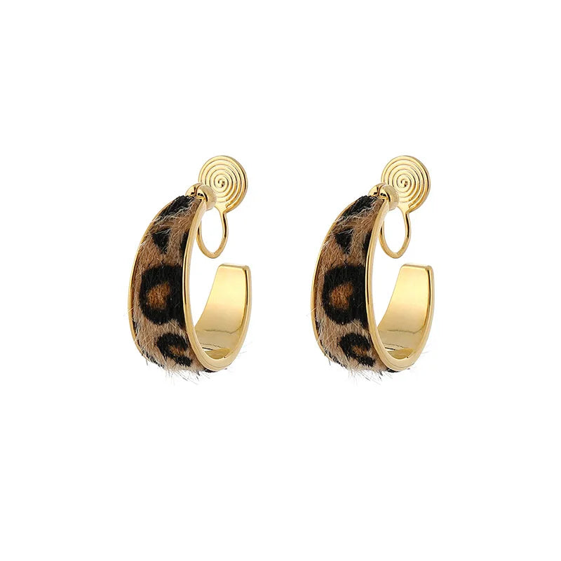 Vintage Gold Alloy Leopard Print Faux Fur C Hoop Stud & Clip On No Piercing Statement Earrings