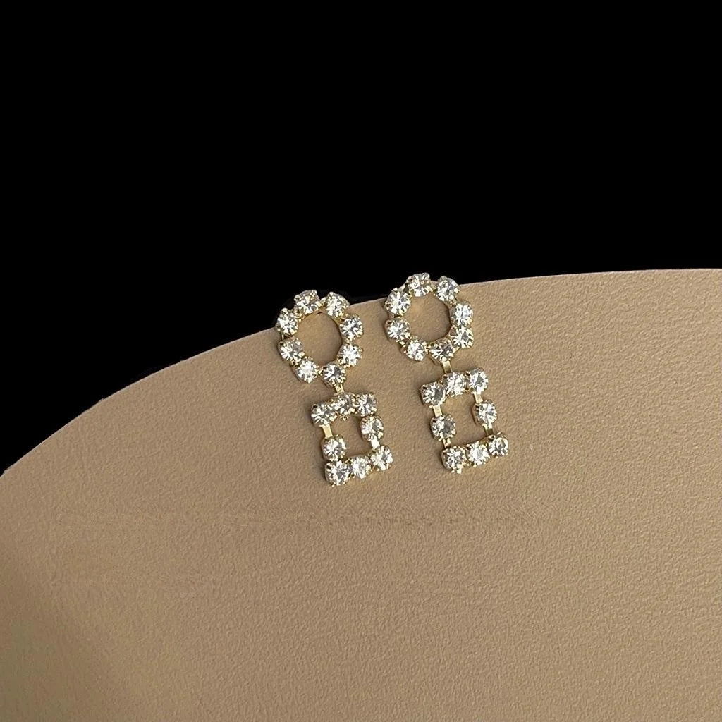 14K Gold Plated Copper Geometric Hollow Square Round Zircon Drop Earrings For Women