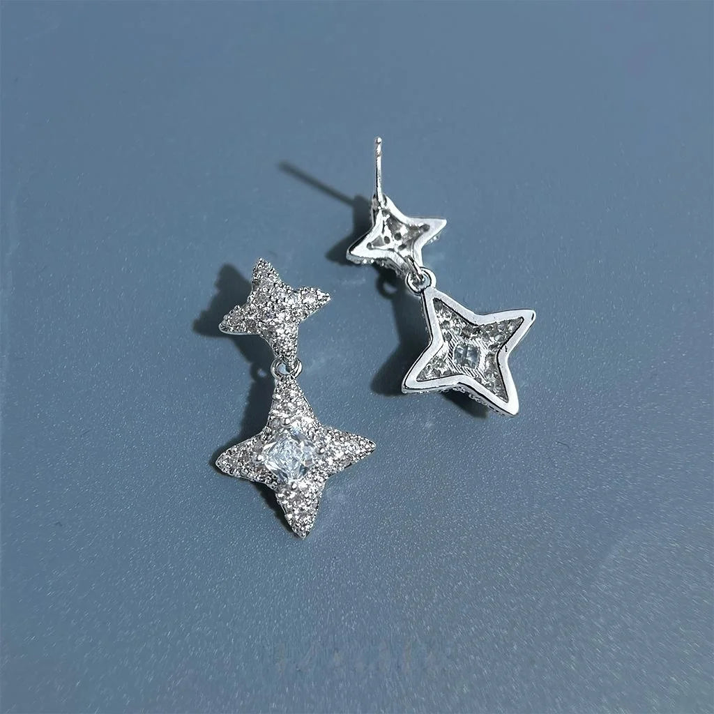 Eco-Friendly Copper Zircon Six-Point Star Tassel Drop Earrings Light Luxury Geometric Jewelry