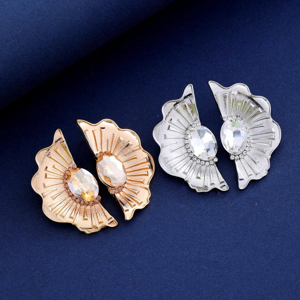 Vintage Fan-Shaped Alloy Earrings With Red Crystal Rhinestone, Elegant Luxury Studs For Wedding Party Gift