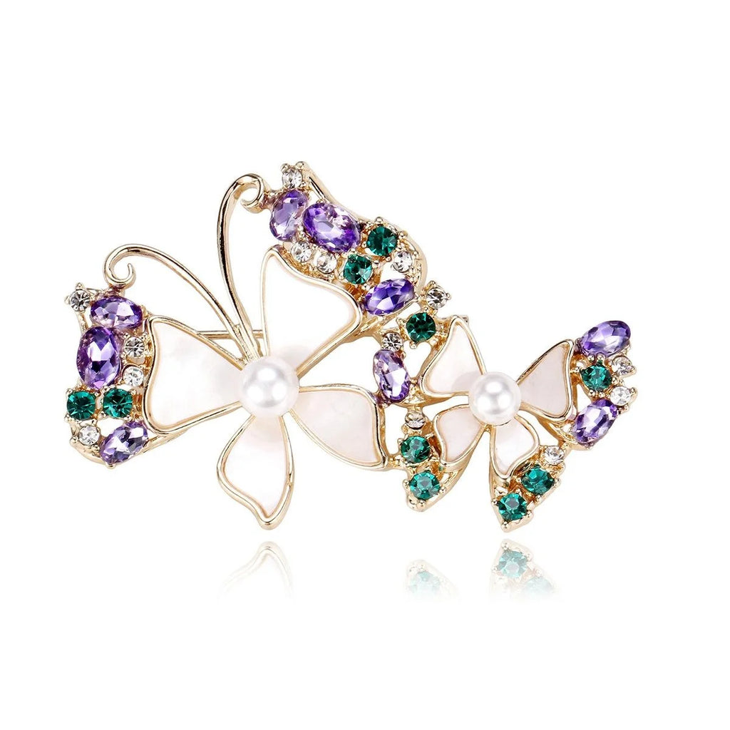 Elegant Double Butterfly Mother Of Pearl Rhinestone Brooch, Gold Alloy Lapel Pin Corsage Gift For Women