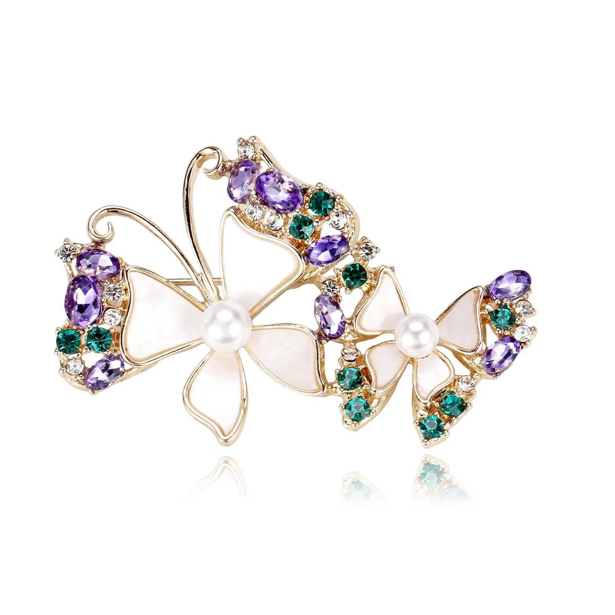 Elegant Double Butterfly Mother Of Pearl Rhinestone Brooch, Gold Alloy Lapel Pin Corsage Gift For Women